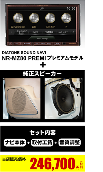DIATONE SOUND.NAVI NR-MZ80PREMI プレミアムモデル+純正スピーカー+取付工賃+音質調整で246,700円（税別）